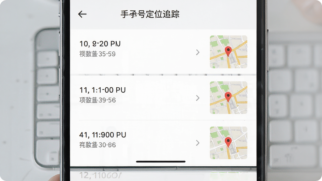 手机号定位追踪寻人历史记录页面图,画面展示手机屏幕上的历史位置列表,每条记录带有时间戳和小地图缩略图,界面排版整齐,风格简约现代,画质干净清晰,无多余元素