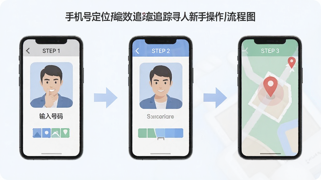 手机号定位追踪寻人新手操作流程图,画面展示手机屏幕上从安装到输入号码再到地图显示的三个步骤示意图,配有箭头引导,风格简洁明了,色彩柔和,画质干净清晰,无多余元素