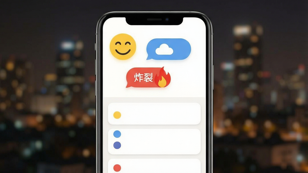 一张展示VibeJot心情标签筛选功能的界面示意图,画面主体是手机屏幕,屏幕上方显示着五颜六色的心情标签气泡,如黄色笑脸代表开心、蓝色云朵代表平静、红色火焰代表炸裂,下方是经过筛选后整齐排列的笔记卡片列表,每张卡片左侧都有对应的颜色圆点,背景是虚化的城市夜景,风格温馨治愈,排版清晰,画质干净无多余元素
