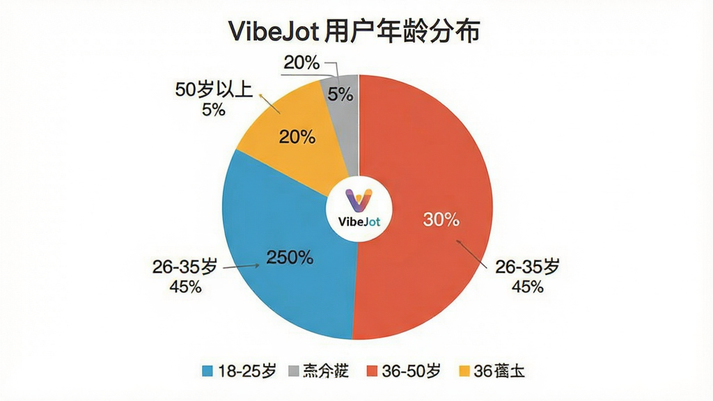 一张展示VibeJot用户年龄分布的饼状图,图表背景为干净的白色,饼图分为四块不同颜色,分别标注“18-25岁 30%”“26-35岁 45%”“36-50岁 20%”“50岁以上 5%”,饼图中央有一个小小的VibeJot图标,图表下方有简单的图例说明,整体风格简洁商务,画质清晰,干净无多余元素
