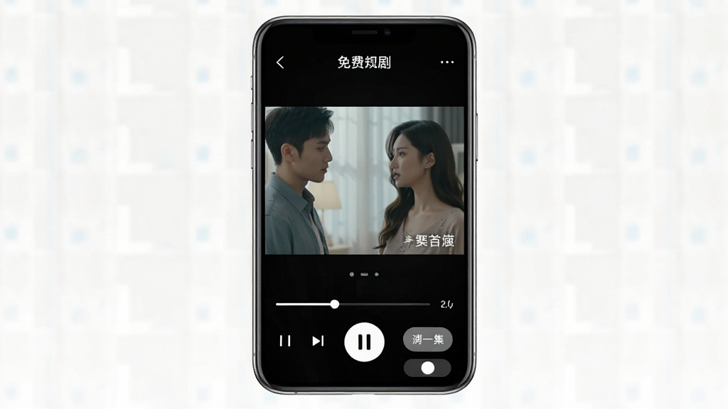 免费热门短剧APP播放界面展示,手机竖屏播放短剧画面,画面下方有播放进度条、暂停键、下一集按钮和清晰度切换选项,屏幕上方显示剧集名称,界面布局清晰,风格简约现代,画质干净无多余元素