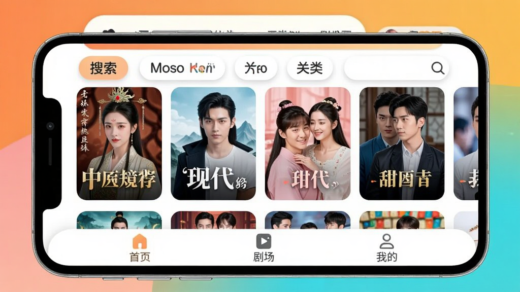 免费热门短剧APP主界面展示,手机横屏放置,屏幕中显示热门短剧推荐海报墙,包含古装、现代、甜宠等多种封面,顶部有搜索栏和分类标签,底部有首页、剧场、我的三个导航按钮,整体色调明亮活泼,风格现代扁平,细节圆润,画质干净清晰,无多余元素
