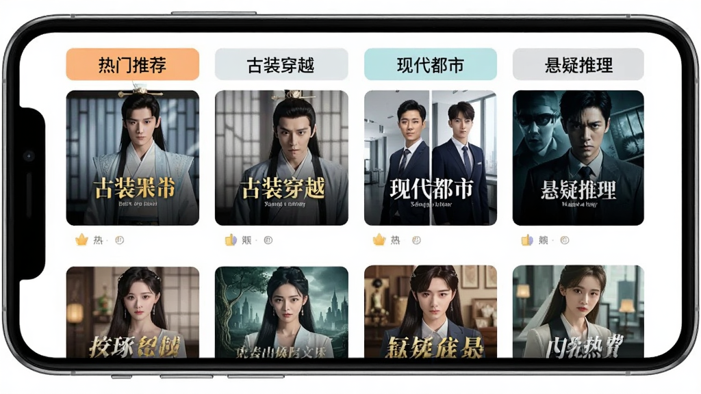 免费热门短剧APP内容分类界面,手机屏幕显示多个短剧分类板块,包括“热门推荐”、“古装穿越”、“现代都市”、“悬疑推理”等标签,每个板块下方有对应的短剧封面缩略图,界面排版整齐,风格简洁明快,画质干净,无多余元素