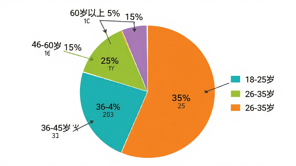 免费热门短剧APP用户年龄分布饼状图,图表显示18-25岁占比25%,26-35岁占比35%,36-45岁占比20%,46-60岁占比15%,60岁以上占比5%,图表风格简洁清晰,颜色区分明显,画质干净无多余元素
