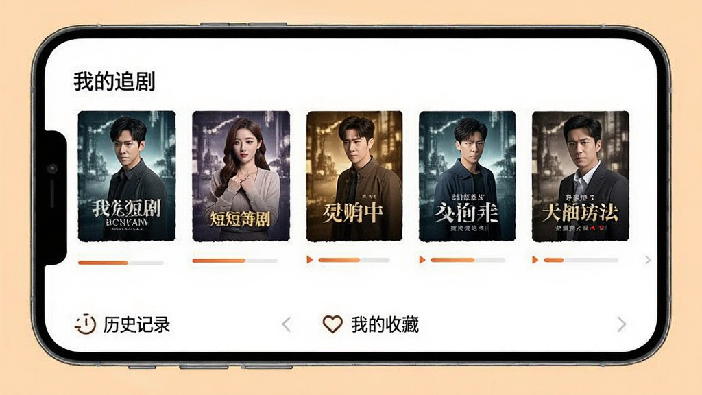 免费热门短剧APP个人中心界面,手机屏幕显示“我的追剧”列表,包含多部短剧封面和观看进度条,下方有“历史记录”和“我的收藏”选项,界面排版清晰,风格温馨,画质干净无多余元素
