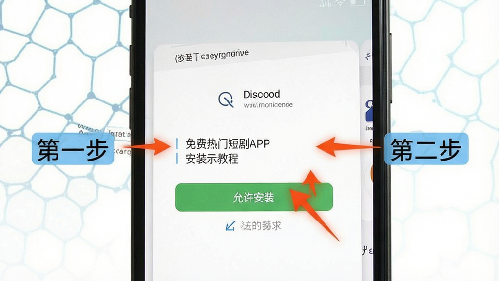 免费热门短剧APP安装教程示意图,手机屏幕显示安装权限设置界面,有箭头指引用户点击“允许安装”按钮,画面风格简洁清晰,带有文字标注“第一步”、“第二步”,画质干净,无多余元素