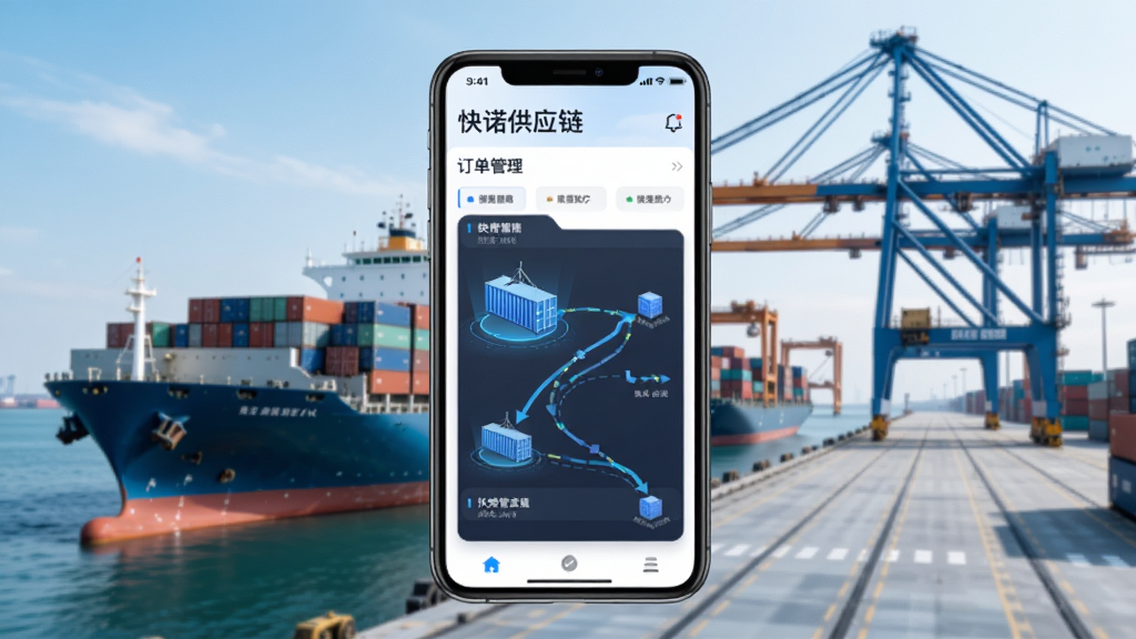一张展示快诺供应链app核心界面的宣传图,画面中央是一部智能手机,手机屏幕显示快诺供应链的订单管理看板,看板上有集装箱图标和物流轨迹线,背景是现代化的港口码头,有货轮和吊机,整体风格简洁明亮,科技感十足,画质干净清晰,无多余元素