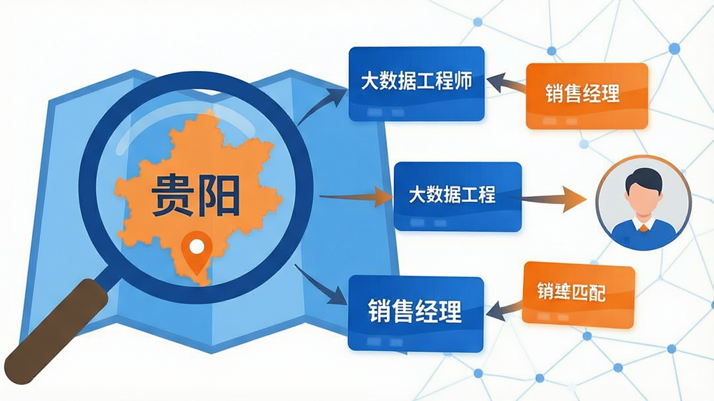 一张信息图表风格的插图,画面左侧是一个放大镜聚焦在“贵阳”地图上,右侧弹出多个职位卡片,卡片上写着“大数据工程师”、“销售经理”等字样,卡片之间有箭头指向一个用户头像,象征精准匹配,整体配色以蓝色和橙色为主,简洁现代,画质清晰,无杂乱背景。