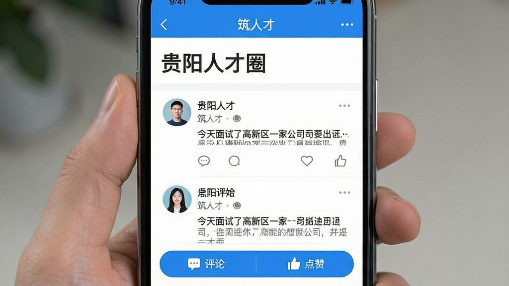 一张手机界面截图风格的图片,展示“筑人才”App的社区页面,顶部有“贵阳人才圈”标题,下方是用户发布的帖子列表,包含头像、昵称和文字内容“今天面试了高新区一家公司...”,底部有评论和点赞按钮,整体界面清爽,以白底和蓝色点缀为主,画质干净,无多余元素。