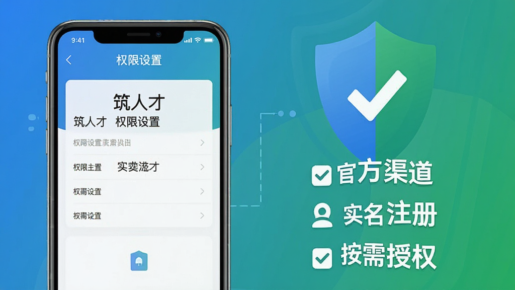一张信息图风格的插图,画面左侧是一个手机屏幕显示“筑人才”App的权限设置页面,右侧是一个盾牌图标和打勾的清单,写着“官方渠道”、“实名注册”、“按需授权”,整体配色以蓝色和绿色为主,风格简洁清晰,画质干净,无多余元素。