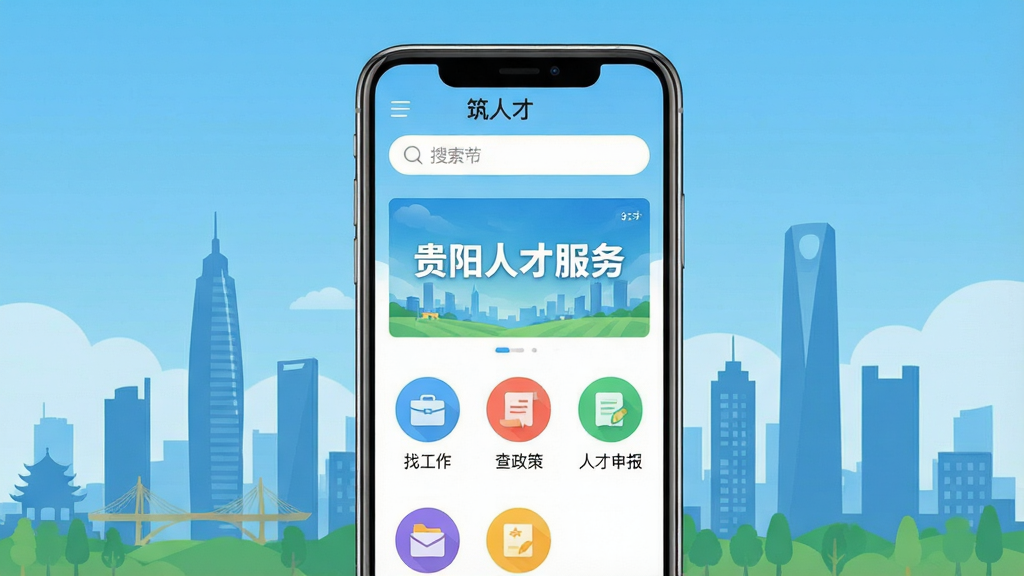 一张手机界面展示图,画面中央是一部现代智能手机,屏幕上显示着“筑人才”App的主页,顶部有搜索框,中间是醒目的“贵阳人才服务”横幅,下方排列着“找工作”、“查政策”、“人才申报”等彩色圆形图标,背景是贵阳城市剪影和蓝天,整体风格清新明亮,扁平化设计,界面干净整洁,画质高清,无多余元素。