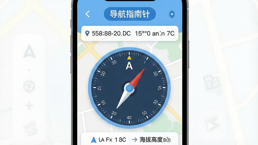 一张手机屏幕展示导航指南针应用的主界面,画面中央是一个清晰醒目的指南针表盘,指针指向北方,表盘周围有刻度数字,背景是简洁的浅色地图底纹,顶部显示当前位置的经纬度坐标,底部有方向角度和海拔高度的小字信息,整体风格现代扁平化,配色以蓝白为主,画质干净清晰,无多余元素和广告横幅,软件名称“导航指南针”以圆角标签形式显示在界面顶部