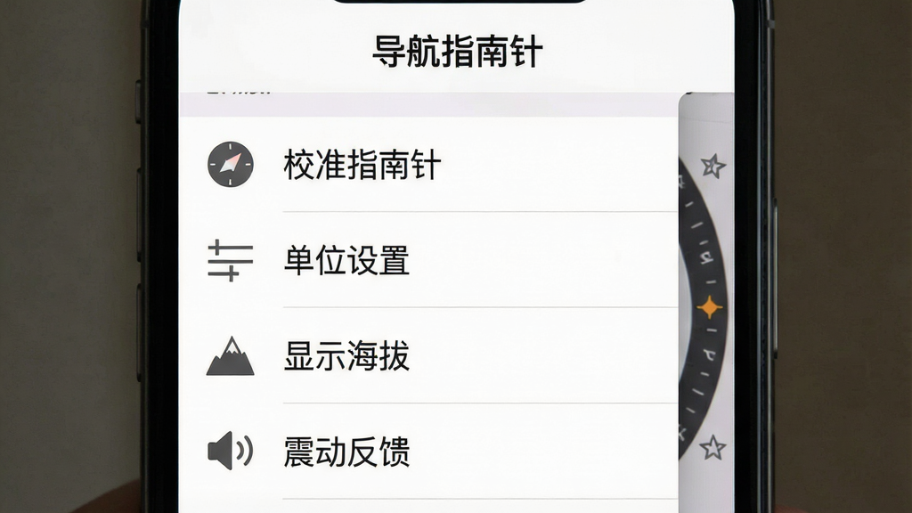 一张手机界面截图风格的图片,展示导航指南针应用的设置菜单展开状态,菜单项包括“校准指南针”“单位设置”“显示海拔”“震动反馈”等选项,每个选项旁边有简洁的图标,背景为纯白色,文字为深灰色,整体排版整齐,风格极简,软件名称“导航指南针”显示在菜单顶部,画质清晰锐利,无广告和多余装饰