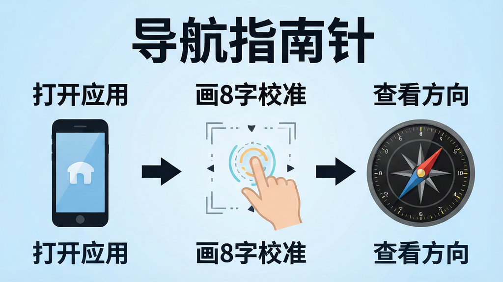 一张信息图风格的图片,展示导航指南针应用的使用步骤,分为三步:第一步“打开应用”配手机图标,第二步“画8字校准”配手势示意,第三步“查看方向”配指南针表盘,三步用箭头连接,背景为浅蓝色渐变,文字为深色加粗,风格简洁明了,软件名称“导航指南针”出现在图片顶部,画质干净无多余装饰