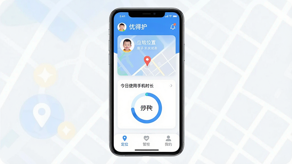 一张展示优得护App核心全貌的手机界面截图,画面中央是一部现代智能手机,屏幕亮起显示优得护主界面,布局包含孩子头像、当前位置地图卡片、今日使用手机时长统计环,底部导航栏有定位、管控、我的三个图标,界面风格为清新的科技蓝白配色,排版简洁,细节圆润,无广告弹窗,画质干净清晰,无多余元素