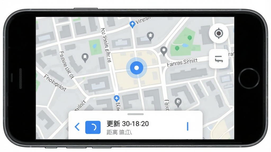 一张展示优得护实时定位功能的手机界面,画面中央是手机屏幕,屏幕内显示一张城市地图,地图上有一个代表孩子位置的蓝色圆点标记,周围有街道名称和地标建筑,底部卡片显示更新时间与距离,界面风格为扁平化设计,配色以蓝白灰为主,画质干净清晰,无多余元素