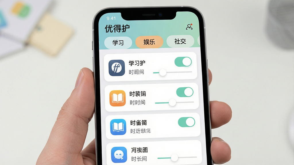 一张展示优得护应用管理功能的手机界面,屏幕中央是应用列表,每个应用图标旁边有开关按钮和时长设置滑块,列表上方有分类标签如学习、娱乐、社交,界面风格为卡片式布局,配色柔和护眼,文字清晰,画质干净,无多余元素
