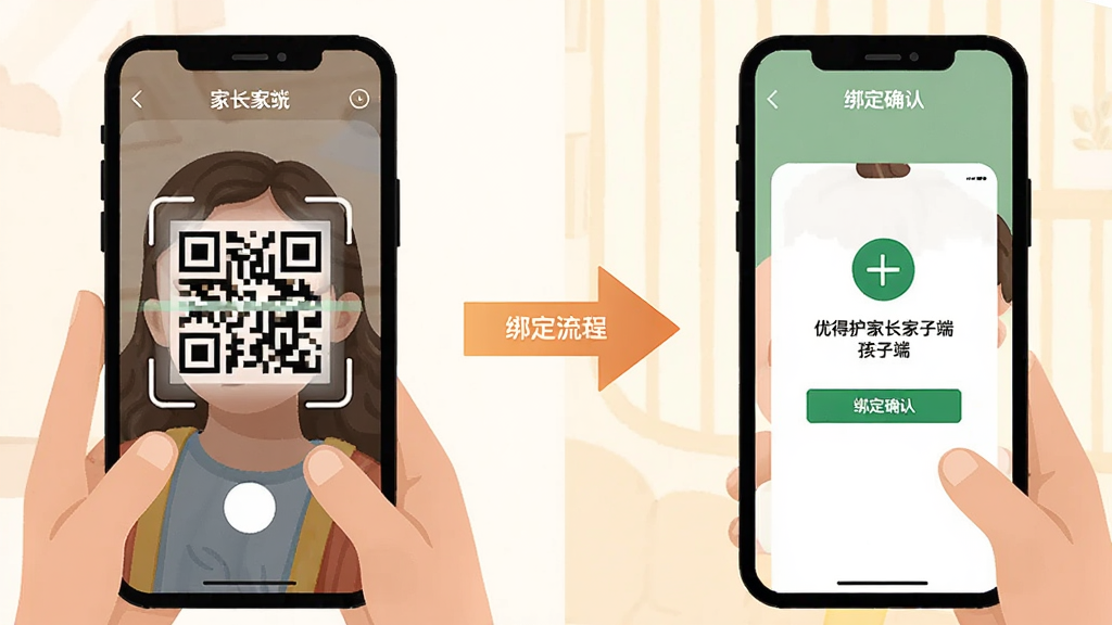一张展示优得护家长端和孩子端绑定流程的示意图,画面分为左右两部分,左侧是家长手机显示扫描二维码界面,右侧是孩子手机显示绑定确认界面,中间有箭头连接表示绑定关系,风格为扁平插画风,配色温暖,细节清晰,画质干净,无多余元素