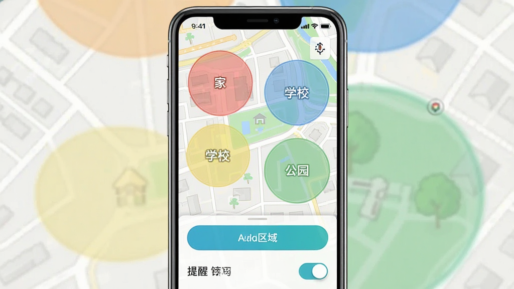 一张展示优得护安全区域设置界面的手机截图,屏幕中显示地图上有几个彩色圆圈标注区域,分别标注为家、学校、公园,界面下方有添加区域按钮和提醒开关,整体风格简约现代,配色清新,画质干净清晰,无多余元素