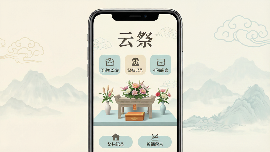 手机屏幕中显示“云祭”应用主界面,整体以素雅的米白色和淡青色为主色调,页面中央是虚拟祭台与鲜花摆放区域,顶部有“云祭”两个大字,下方排列着创建纪念馆、祭扫记录、祈福留言等图标按钮,背景有淡淡的远山和云纹装饰,风格庄重简洁,画质干净清晰,无多余元素