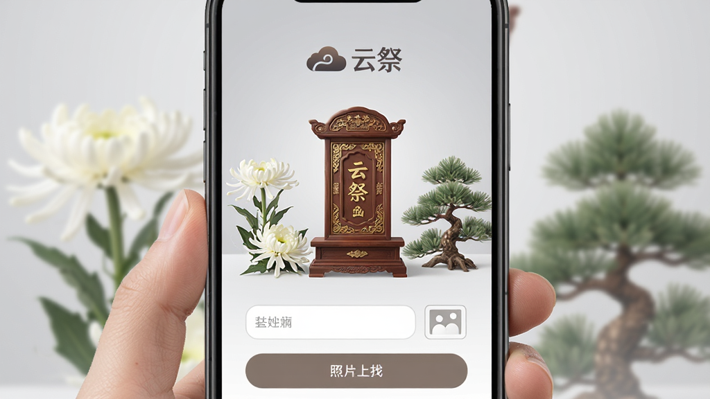手机屏幕展示“云祭”创建纪念馆页面,画面中央是一个精致的虚拟牌位,两侧有白菊和青松装饰,上方有“云祭”标识,下方有姓名输入框和照片上传按钮,整体色调柔和肃穆,背景是淡灰色渐变,风格温馨安静,画质细腻无杂乱元素