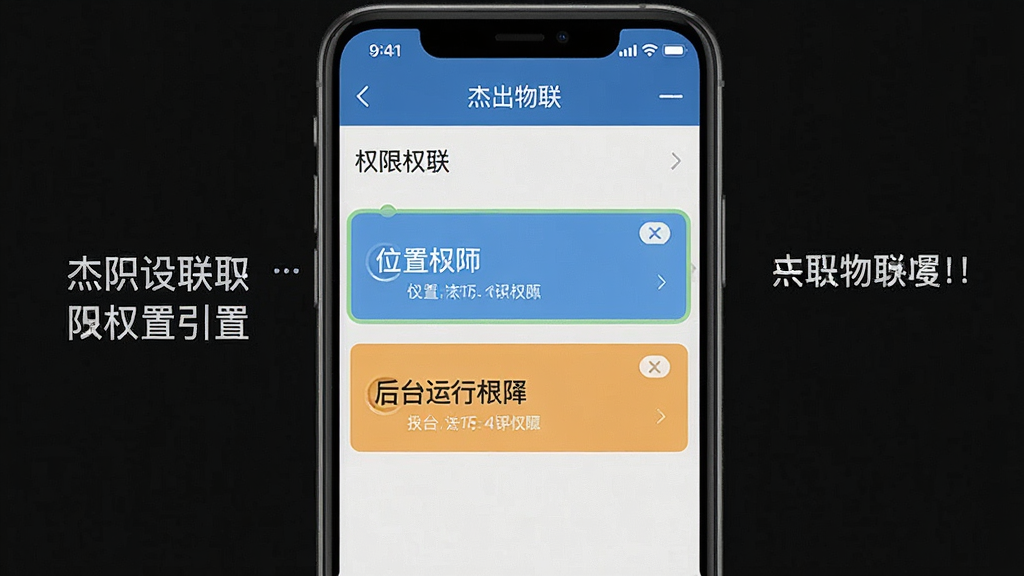 一张展示“杰出物联”权限设置引导的手机截图,画面中手机屏幕显示权限列表,位置权限和后台运行权限被高亮标注,旁边有提示文字,界面简洁,风格扁平,画质干净,无多余元素