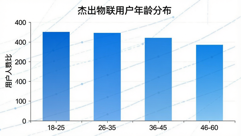 一张展示“杰出物联”用户年龄分布的柱状图,横轴为年龄段18-25、26-35、36-45、46-60,纵轴为用户人数占比,柱状图颜色为蓝色渐变,图表标题为“杰出物联用户年龄分布”,风格简洁清晰,画质干净,无多余元素
