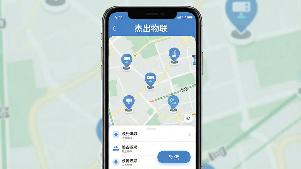 一张展示“杰出物联”软件核心全貌的手机应用界面截图,画面中央是手机屏幕,屏幕内显示地图上多个设备定位图标,顶部有“杰出物联”文字标识,底部有设备列表和轨迹按钮,布局清晰,风格现代扁平,细节圆润,画质干净,无多余元素