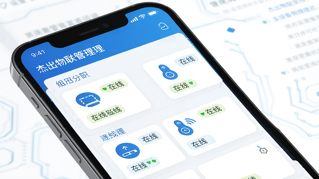 一张展示“杰出物联”多设备管理界面的图片,画面中手机屏幕显示分组列表,每组包含多个设备图标和在线状态标签,界面以蓝白配色为主,布局整齐,风格简洁科技感,画质清晰,无多余元素