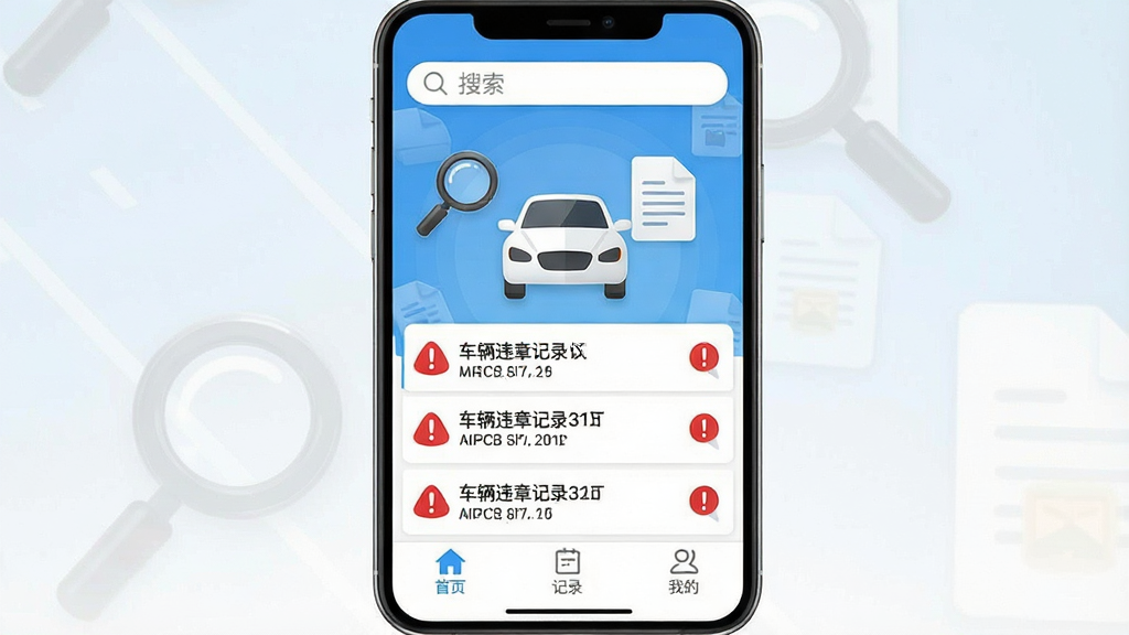 һ���ֻ�Ӧ�ý����ͼ��չʾ��ͨΥ�²�ѯ��������ҳ������������һ����ɫС�γ�ͼ�꣬��Χ�����ŷŴ󾵺��ĵ�ͼ�ꡣ���涥�����������м���ʾ����Υ�¼�¼�б���ÿ����¼���к�ɫ��̾�ű�ǡ��ײ�����������ҳ����¼���ҵ�����ѡ������������죬������ɫ�������������ɾ��޶���Ԫ�ء�