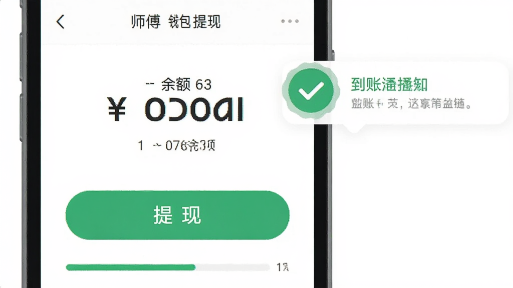 机将师傅钱包提现界面,手机屏幕显示账户余额数字和提现按钮,旁边有一个绿色的对勾图标和到账通知气泡,风格为简洁金融类APP插画,细节有人民币符号和进度条,画质干净清晰无多余元素