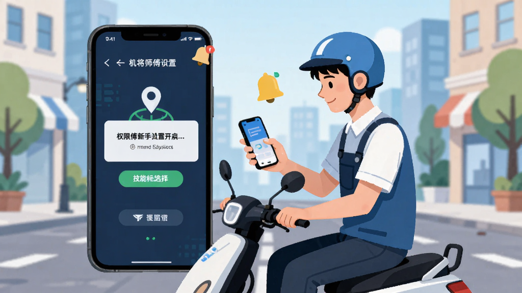 机将师傅新手设置引导页面,手机屏幕显示权限开启提示和技能标签选择界面,一位年轻师傅正拿着手机坐在电动车上操作,背景是城市街道,风格为扁平化科技插画,细节有定位图标和通知铃铛,画质干净清晰无多余元素