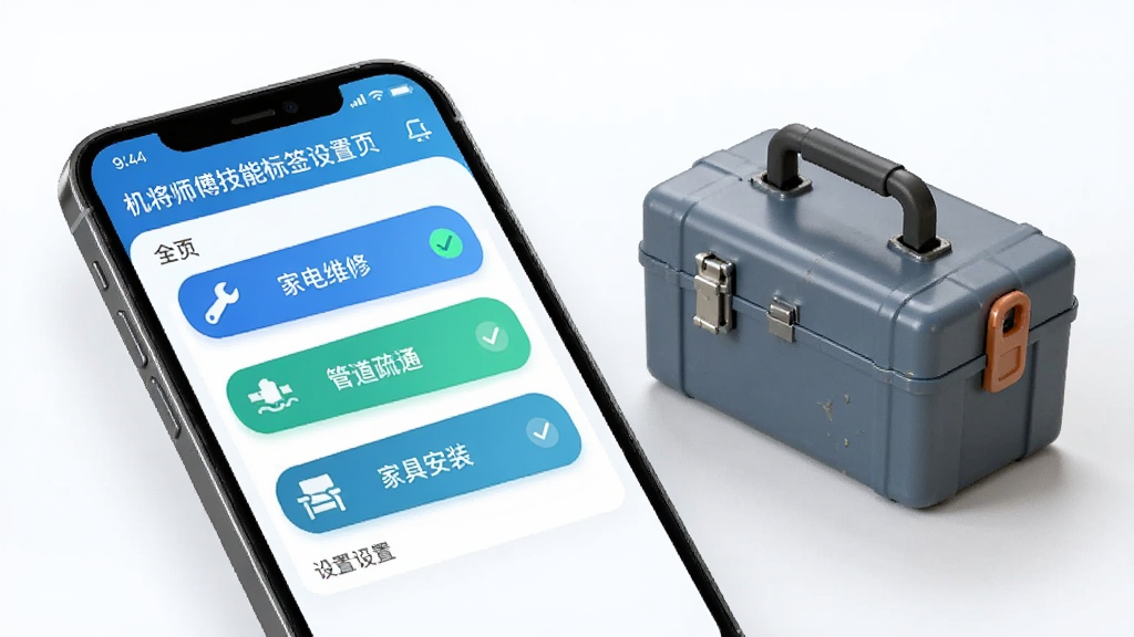 机将师傅技能标签设置页面,手机屏幕显示多个技能选项按钮如家电维修、管道疏通、家具安装,一个工具箱放在旁边,风格为清新科技风UI展示图,细节有勾选标记和分类图标,画质干净无多余元素