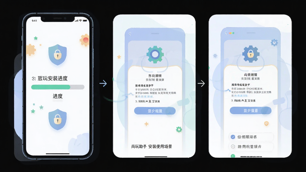 尚玩助手安装使用场景示意图,主体为手机屏幕显示安装进度条与权限设置界面,布局采用分步展示方式,排版简洁直观,风格为扁平化科技插画风,细节处带有安全盾牌与齿轮图标点缀、色彩柔和,画质清晰干净无多余元素