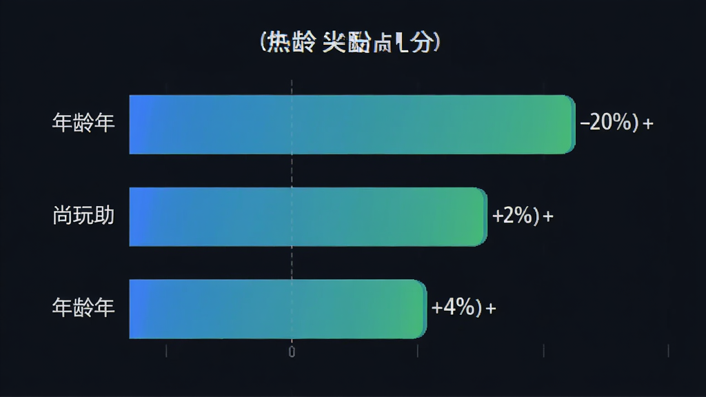 尚玩助手用户年龄分布柱状图,主体为横向柱状图展示三个年龄段占比,布局左侧为年龄标签右侧为对应柱条,排版清晰对比明显,风格为现代数据可视化设计,细节处柱条采用蓝绿渐变配色、数值标注清晰,画质干净无多余元素