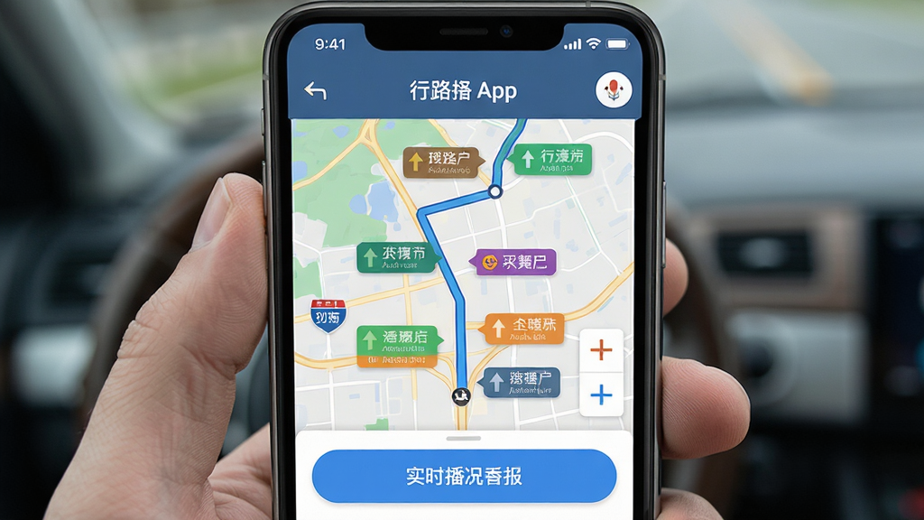 ��·��Appʵʱ·���������棬����Ϊ�ֻ���Ļ��ʾ��ͼ·��������ɫ·����ǩ������Ϊ����״̬����ײ�������ť������ִ���ƽ��ϸ�����������ʸɾ����޶���Ԫ��