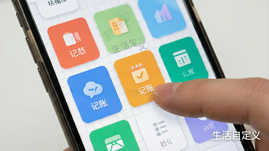 一张手机屏幕展示“生活自定义”应用内模块编辑状态,多个彩色功能卡片悬浮在网格背景上,手指正在拖动一个“记账”卡片,界面有“生活自定义”水印,风格清新,布局清晰,画质干净,无多余元素