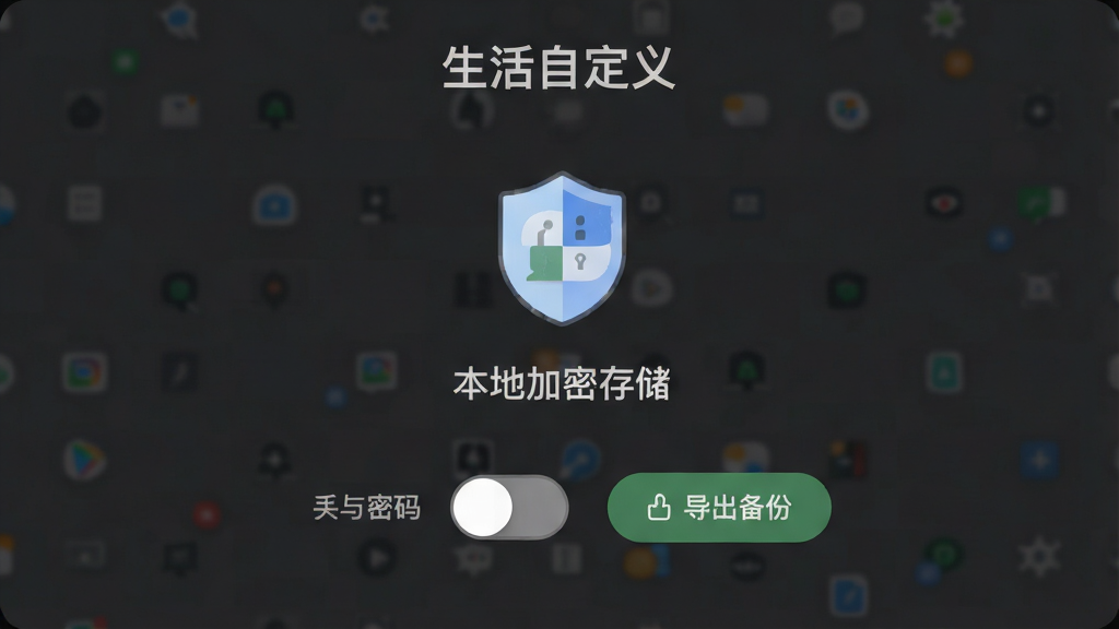一张“生活自定义”应用的数据安全设置界面,中间有一个盾牌图标,下方写着“本地加密存储”,旁边有手势密码开关和导出备份按钮,背景是深灰色护眼模式,风格简洁,画质干净,无多余元素