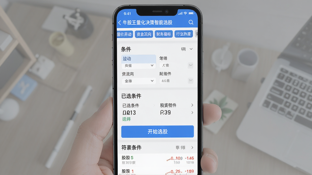 ţ����������������ѡ�ɽ��棬�ֻ���Ļ��ʾѡ����������ҳ�棬�Ϸ��������춯���ʽ����򡢲���ָ�ꡢ��ҵ�ȶȵ�ɸѡ��ǩ���м�����������������ѡ����չʾ���·��ǿ�ʼѡ�ɰ�ť�ͷ��������Ĺ�Ʊ����б�������Ϊǳɫ������Ԫ���������룬���׻���ɫ�������רҵ�����ʸɾ��޶���Ԫ�ء�