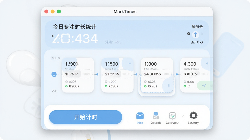 MarkTimes 软件主界面全貌展示,顶部显示今日专注时长统计,中间是简洁的时间轴记录卡片,底部有开始计时按钮和分类图标,整体布局清晰,主色调为淡蓝色与白色,风格现代扁平,细节圆润,画质干净无多余元素