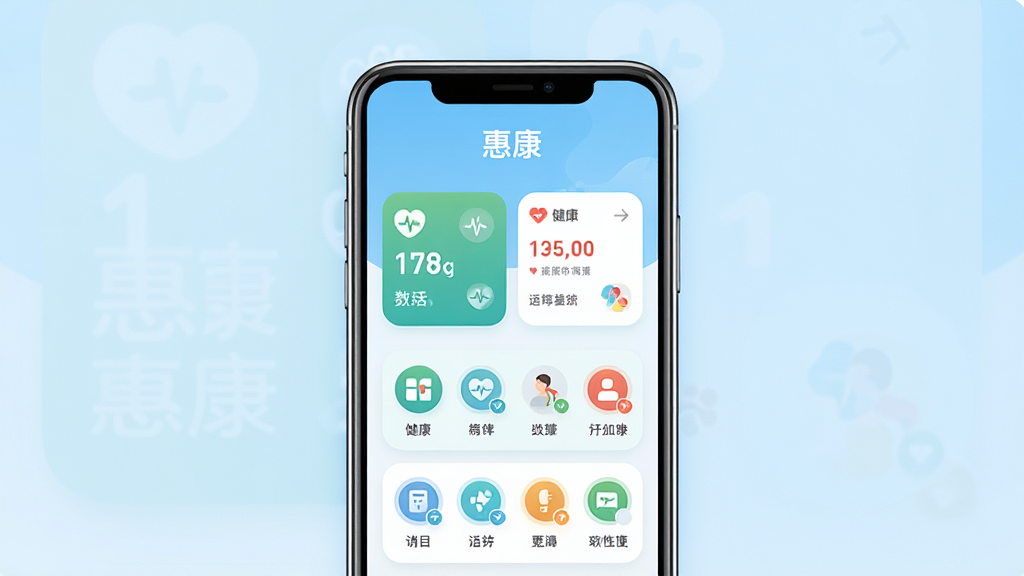 一张展示健康生活类手机应用主界面的图片,画面中央是一个简洁的智能手机模型,屏幕显示“惠康”应用的主页,页面顶部有“惠康”字样,中间是健康数据卡片和功能图标,背景是干净的浅蓝色渐变,风格现代扁平,细节圆润,画质清晰干净,无多余元素