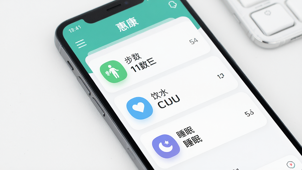 一张展示手机健康数据记录界面的图片,画面主体是一个手机屏幕,屏幕上显示“惠康”应用的数据录入页面,有步数、饮水、睡眠的图标和数字,布局清晰,风格简洁现代,背景干净,画质清晰,无多余元素