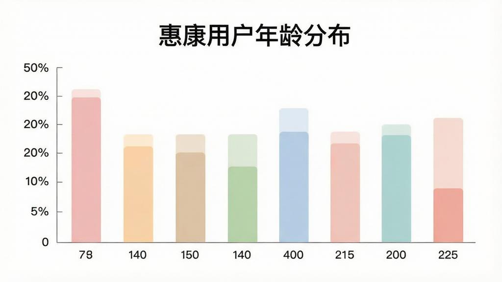 一张展示用户年龄分布柱状图的图片,画面主体是一个简洁的柱状图,横轴是年龄段,纵轴是百分比,柱体颜色柔和,背景干净,图表上方有“惠康用户年龄分布”字样,风格现代简洁,画质清晰,无多余元素