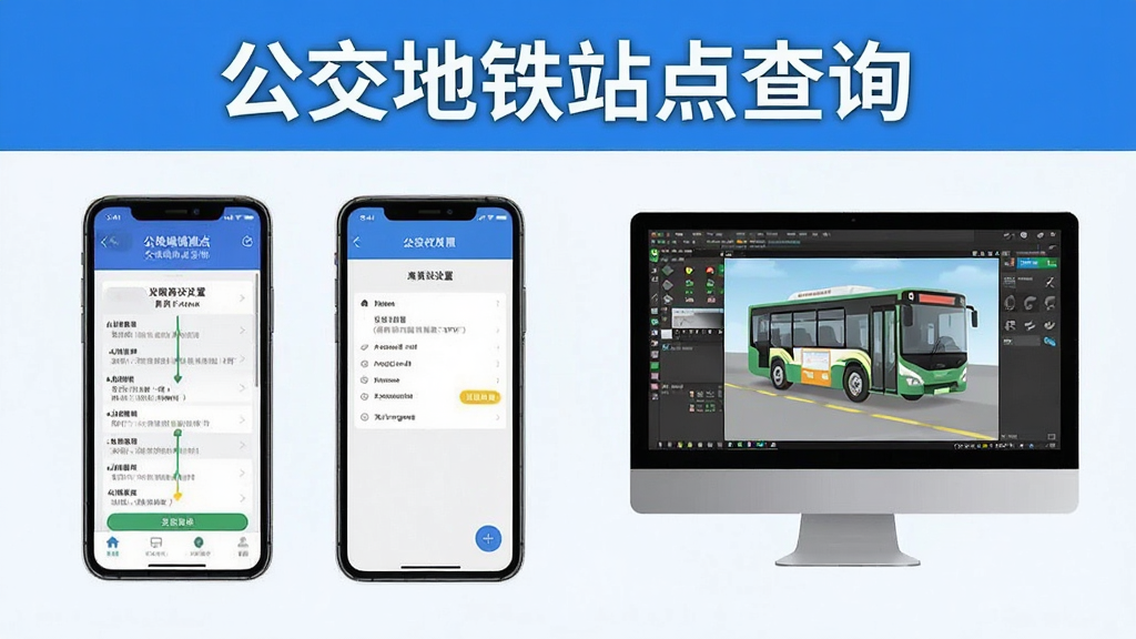 公交地铁站点查询新手操作指引图,画面展示手机安装步骤和权限设置界面,旁边有电脑模拟器运行示意,风格教程图解,画质干净无多余元素,文字标注“公交地铁站点查询”。