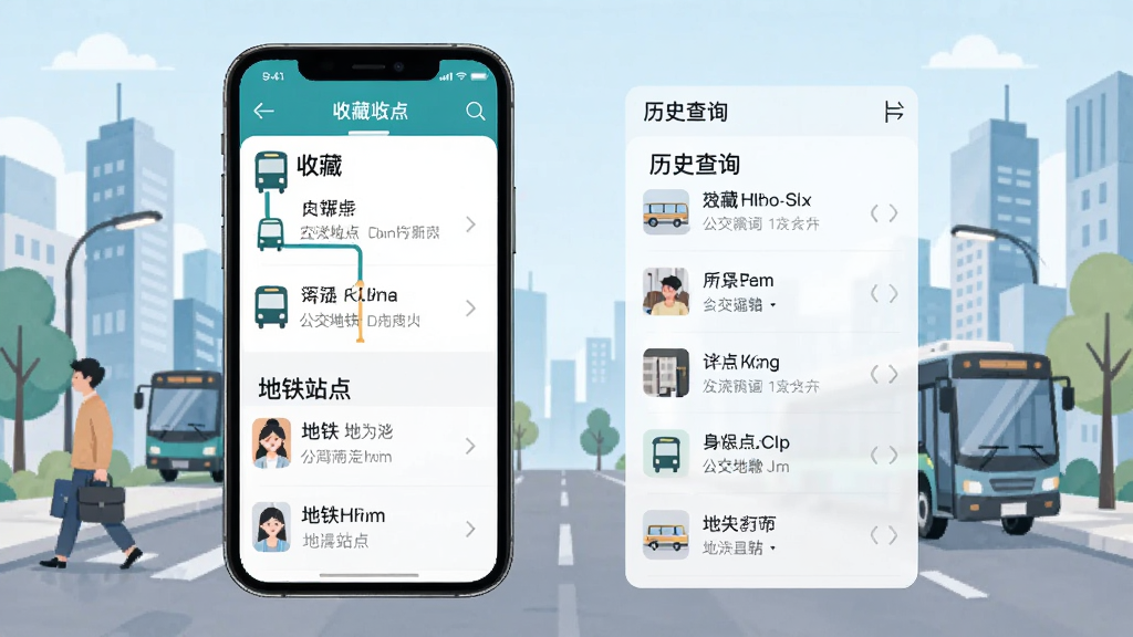 公交地铁站点查询收藏与历史记录功能展示,手机屏幕显示收藏的公交线路和地铁站点列表,旁边有历史查询记录,界面简洁,背景是城市通勤场景插画,风格清新现代,画质干净无多余元素。