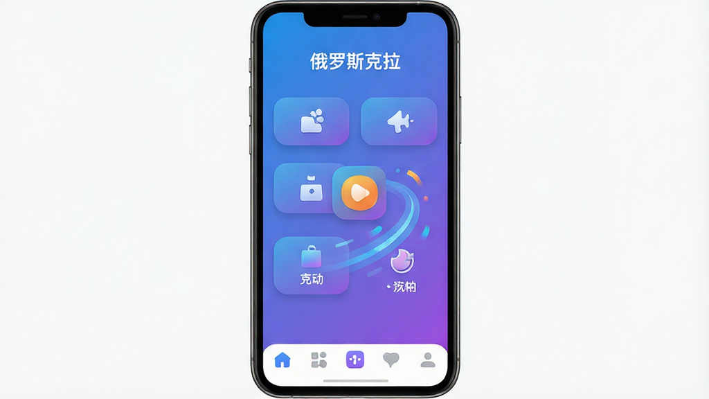 一张展示手机应用界面的图片,画面中央是“俄罗斯克拉”软件的主界面,布局简洁,顶部有软件名称“俄罗斯克拉”,中间区域展示核心功能按钮和动态效果,底部有导航栏,整体采用蓝紫色渐变风格,扁平化设计,图标圆润,细节清晰,画质干净,无多余元素,无文字水印。