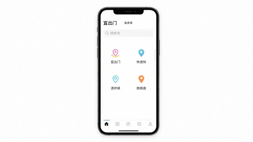 一张“宜出门”APP的极简界面展示图,画面中手机屏幕显示“宜出门”主界面,顶部是搜索框,中间是几个快捷地点图标,底部是导航栏,整个界面没有任何广告横幅,背景为纯白色,风格极简清新,布局留白充足,细节干净利落,画质清晰