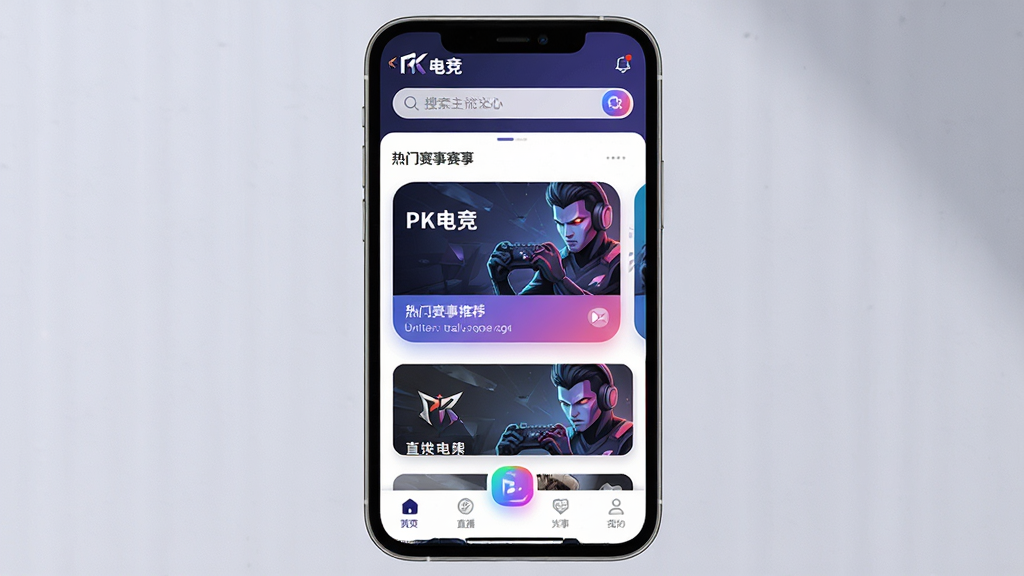 һ��չʾ��PK�羺��Ӧ���������ͼƬ�������������ֻ���Ļ����Ļ����ʾ�ŵ羺�����б���ֱ����ڣ����ֲ������½ṹ�����������������м������������Ƽ���Ƭ���ײ��ǵ��������Ű������������Ϊ�ִ���ƽ���Ƽ��磬ϸ���ϴ���΢�⽥���Բ��ͼ�꣬���ʸɾ����壬�޶���Ԫ�ء�