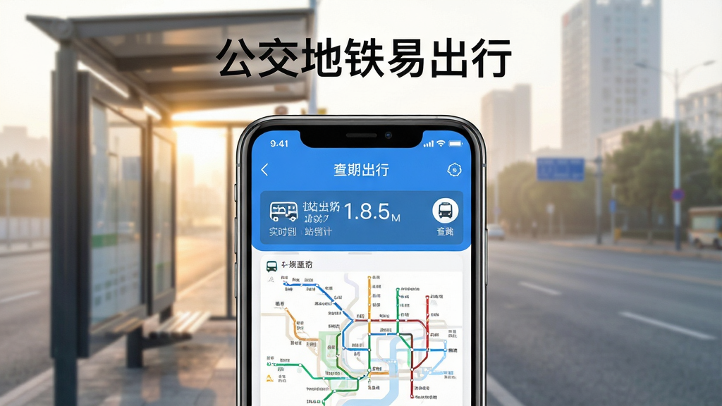 ���������׳���App������չʾ���ֻ���Ļ���У������ǳ����峿�Ĺ���վ̨�������а��������������׳��С����ֱ�ʶ������ΪApp��ѯ�����ͼ�����ּ���������Ű���������ɫΪ��������ִ���ƽ����ϸ������ʾʵʱ������վ����ʱ�͵�����·ͼ�����ʸɾ��������޶���Ԫ��