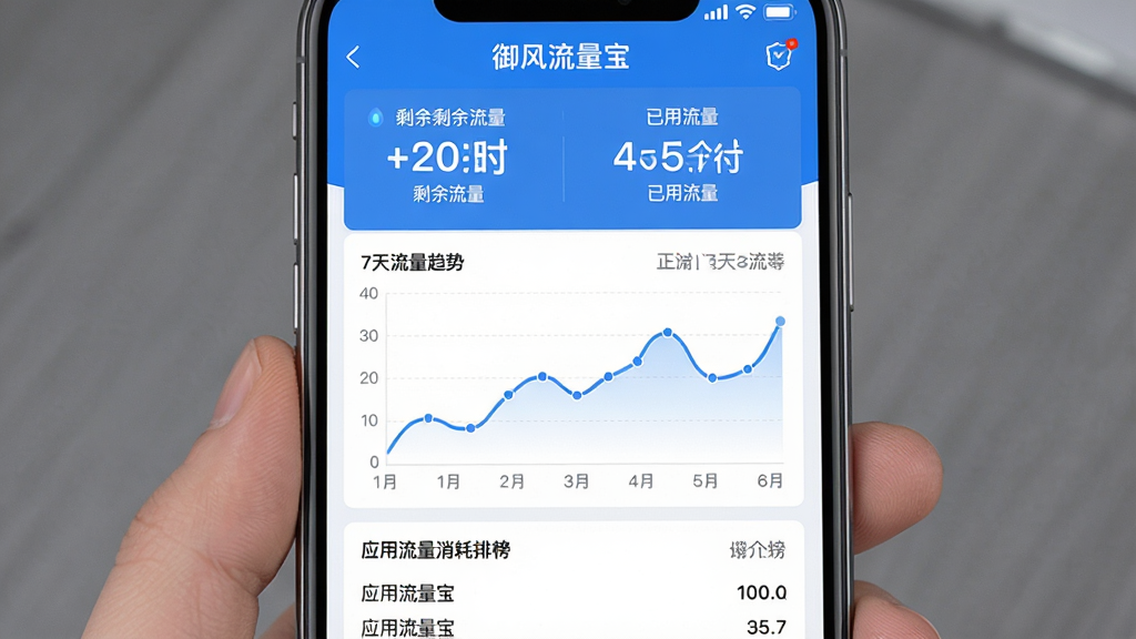 一张手机屏幕截图风格的图片,展示“御风流量宝”的流量统计界面,顶部是剩余流量和已用流量的大字显示,中间是折线图展示近7天流量趋势,底部是应用流量消耗排行榜,界面采用蓝色和白色为主色调,风格现代简洁,数据清晰易读,画质干净无多余元素